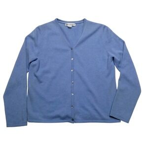 Linda Matthews Cardigan Sweater Womens Medium Blue Cashmere Wool V‎ Neck Button